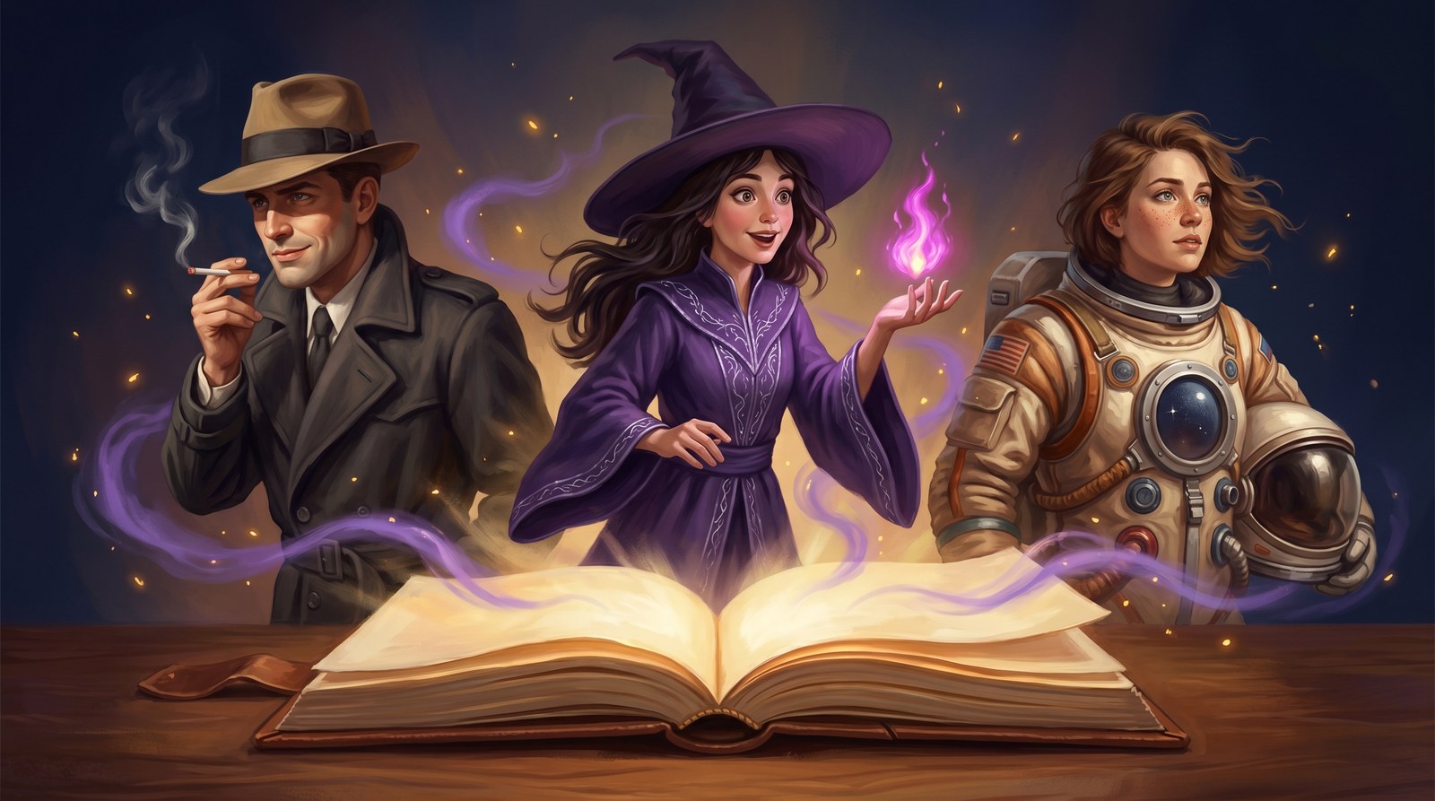 Three characters — a witch holding magical fire, a 1940s noir detective, and a retro-futurist astronaut — emerging painterly from a glowing open notebook on a wooden desk, with purple wisps and warm gold sparks curling through the air.